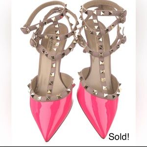 🔥 SALE🔥Pink Patent Valentino Rockstud Caged 65 Leather Ankle Strap Heels -38.5